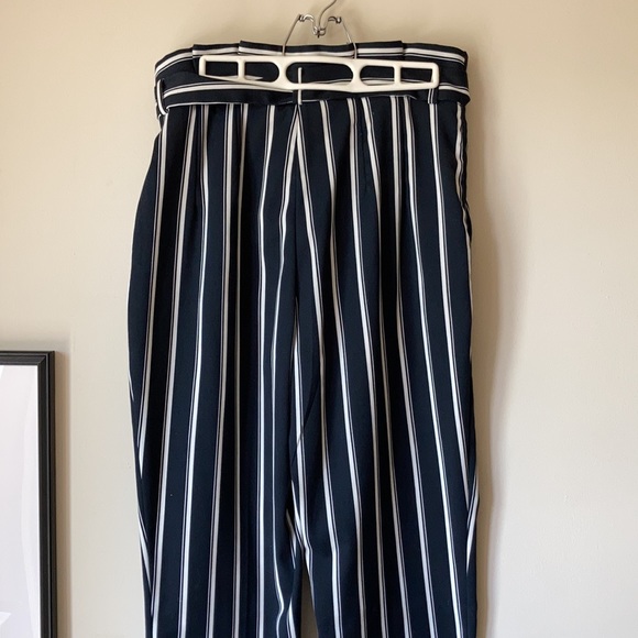 Navy and White Striped Paper Bag Pants - Picture 3 of 4